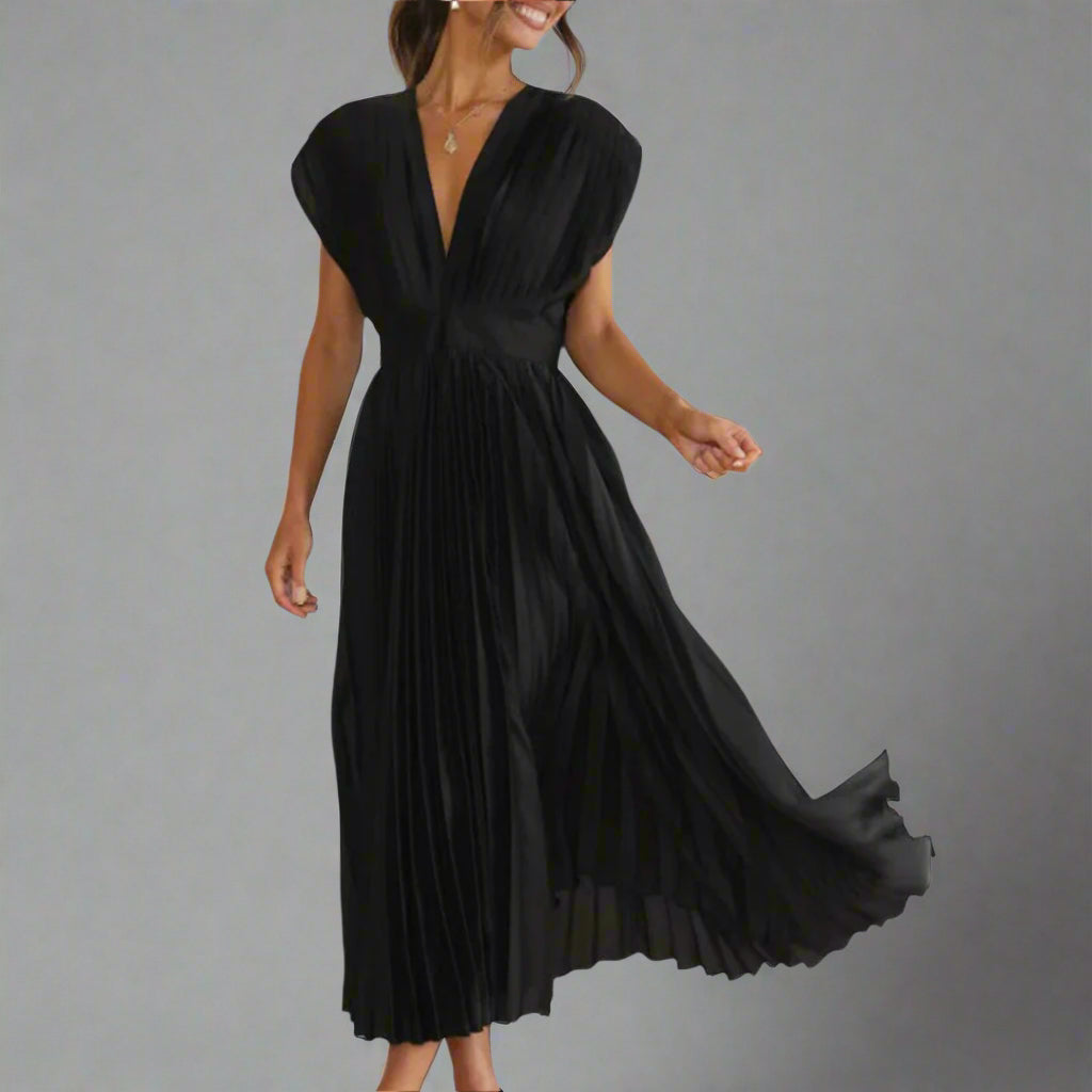 Serafina | Deep V-Neck Womens Pleated Midi Dress with Cap Sleeves