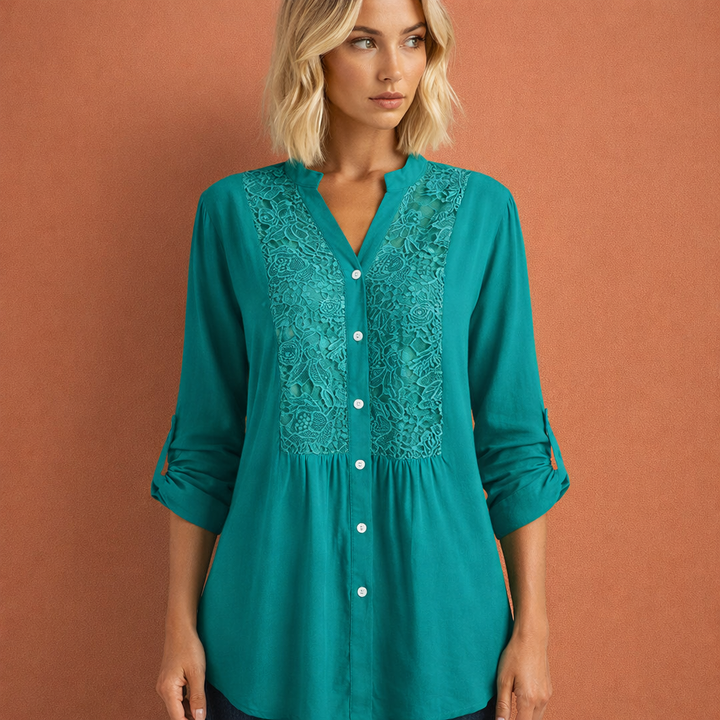 Lacette | Crochet Lace Panel Button-Up Tunic Blouse