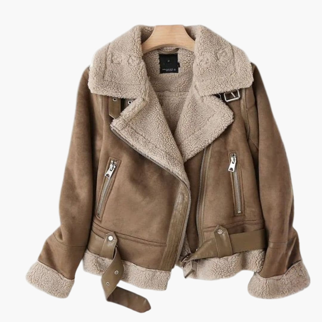 Raven | Shearling Moto Leather Jacket with Asymmetric Zip and Belt