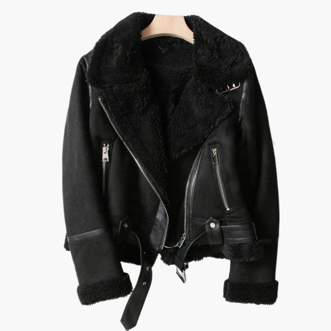 Raven | Shearling Moto Leather Jacket with Asymmetric Zip and Belt