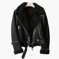 Raven | Shearling Moto Leather Jacket with Asymmetric Zip and Belt