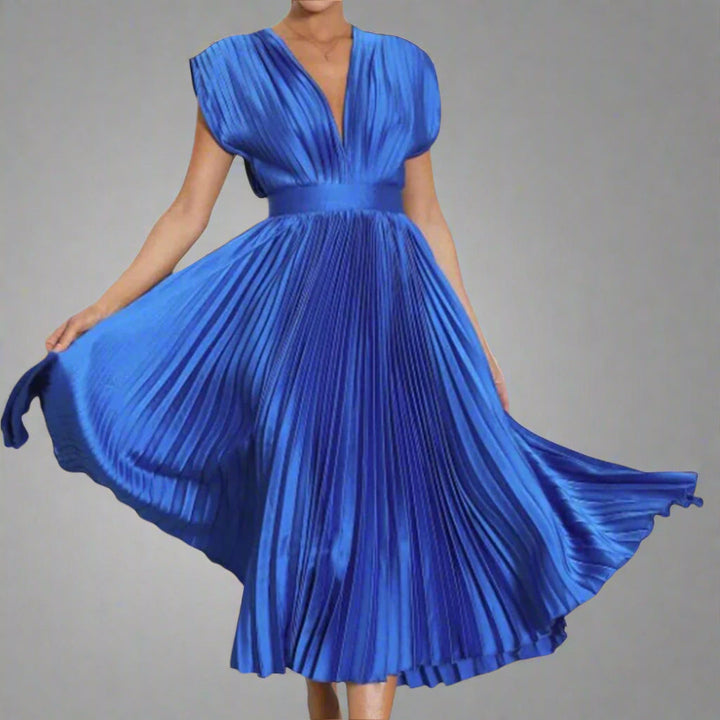 Serafina | Deep V-Neck Womens Pleated Midi Dress with Cap Sleeves