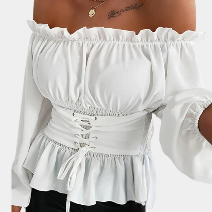 Megan | Ruffle Off Shoulder Corset Top – Women's Puff Sleeve Going Out Top