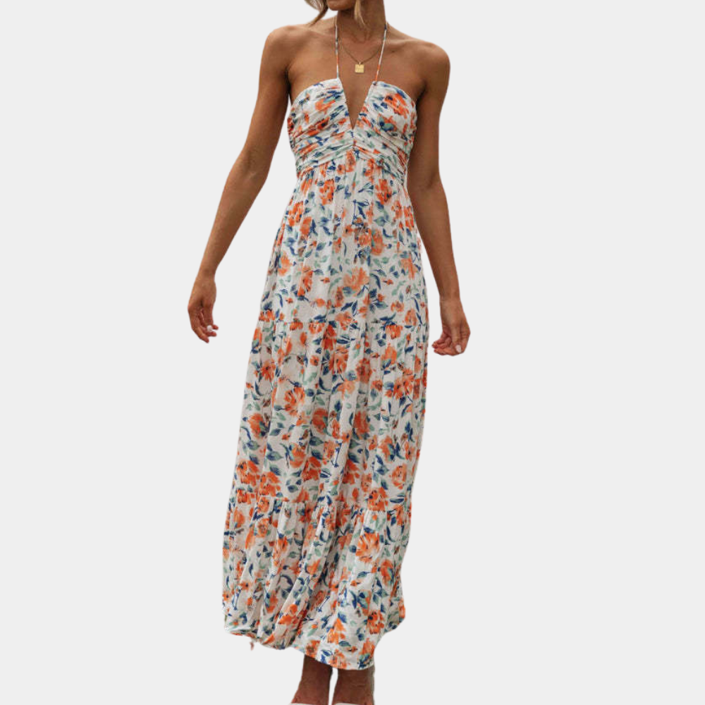 Dagmar | Ditsy Floral Tie-Neck Halter Neck Maxi Dress with Tiered Skirt