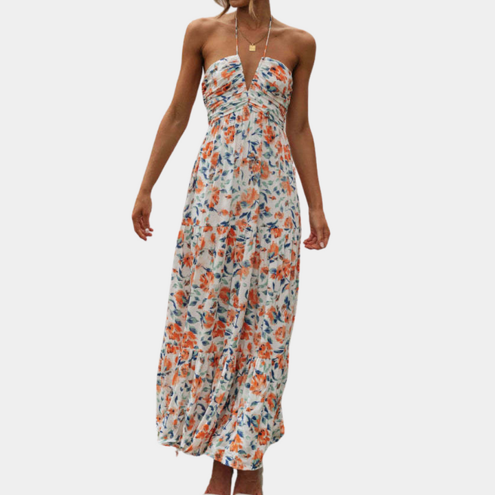 Dagmar | Ditsy Floral Tie-Neck Halter Neck Maxi Dress with Tiered Skirt