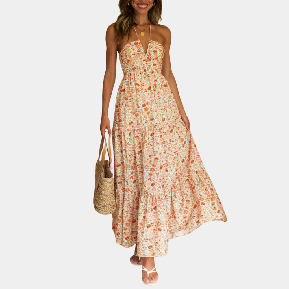 Dagmar | Ditsy Floral Tie-Neck Halter Neck Maxi Dress with Tiered Skirt