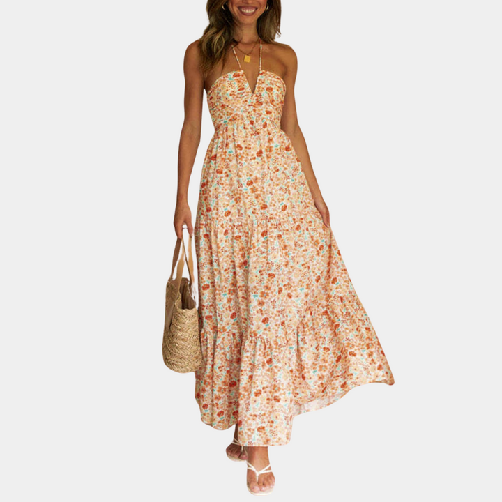 Dagmar | Ditsy Floral Tie-Neck Halter Neck Maxi Dress with Tiered Skirt