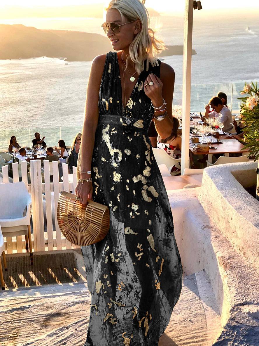 Aegean | Metallic Foil Plunge Maxi Summer Dress