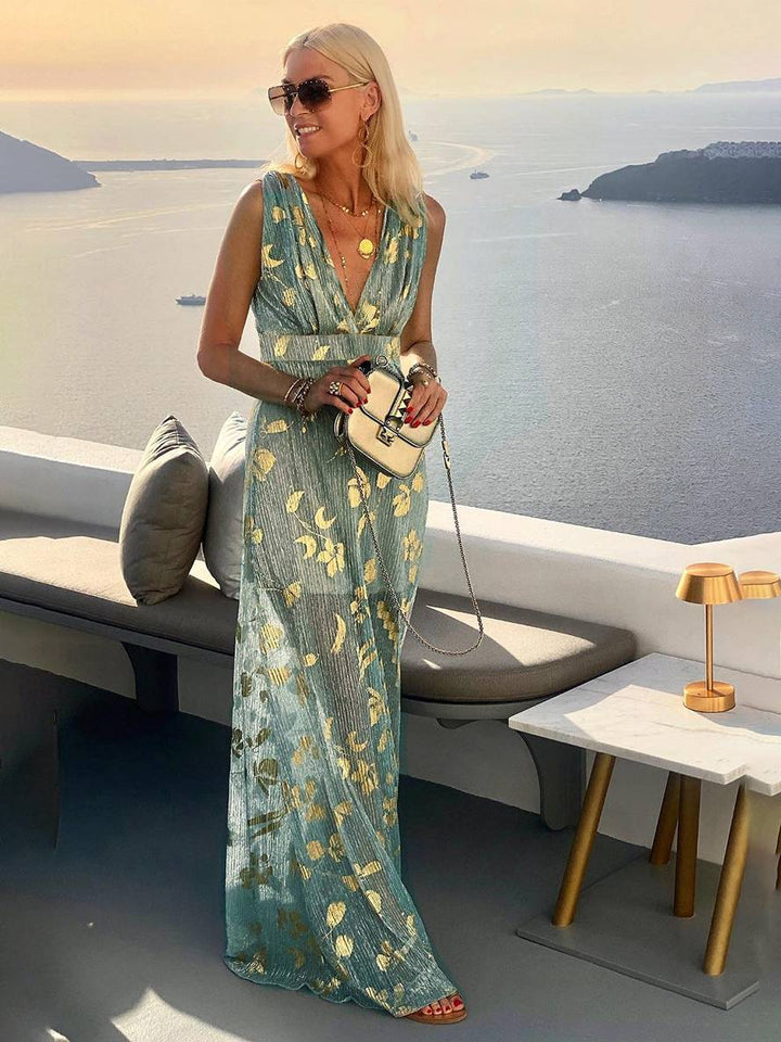Aegean | Metallic Foil Plunge Maxi Summer Dress