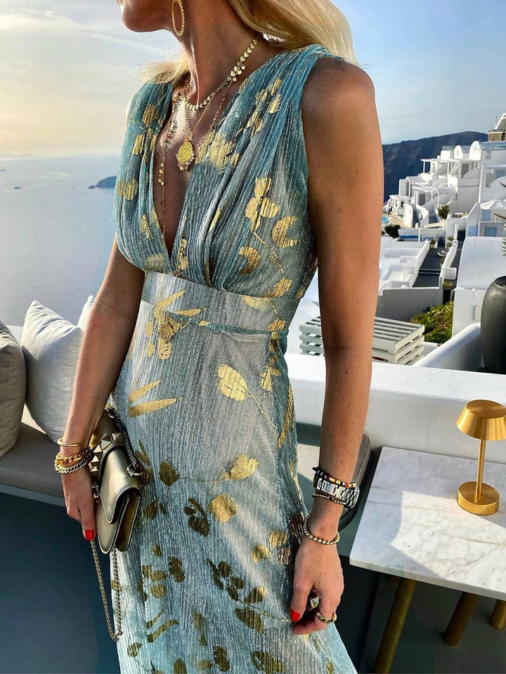 Aegean | Metallic Foil Plunge Maxi Summer Dress