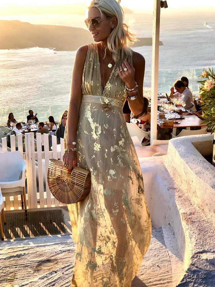 Aegean | Metallic Foil Plunge Maxi Summer Dress