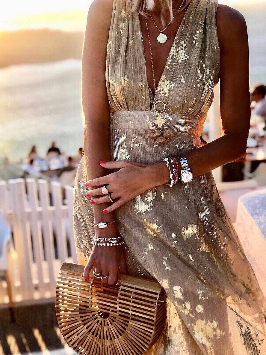 Aegean | Metallic Foil Plunge Maxi Summer Dress