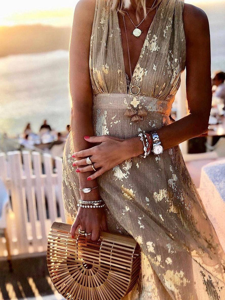 Aegean | Metallic Foil Plunge Maxi Summer Dress