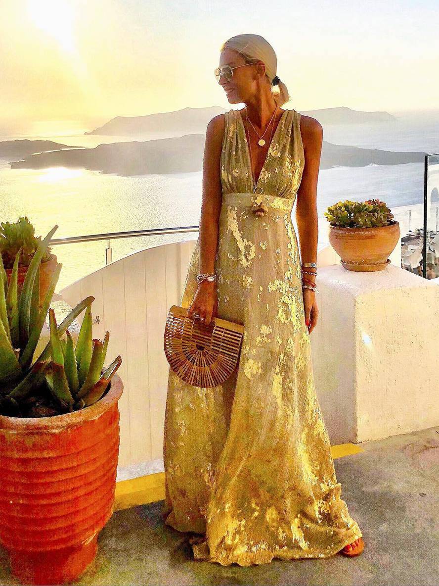 Aegean | Metallic Foil Plunge Maxi Summer Dress