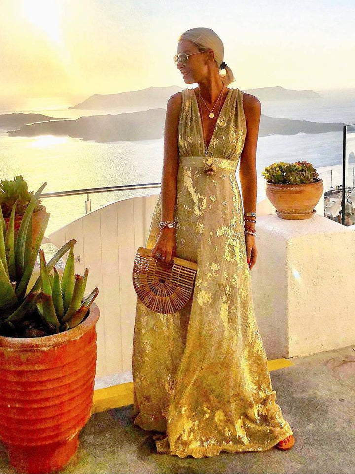 Aegean | Metallic Foil Plunge Maxi Summer Dress
