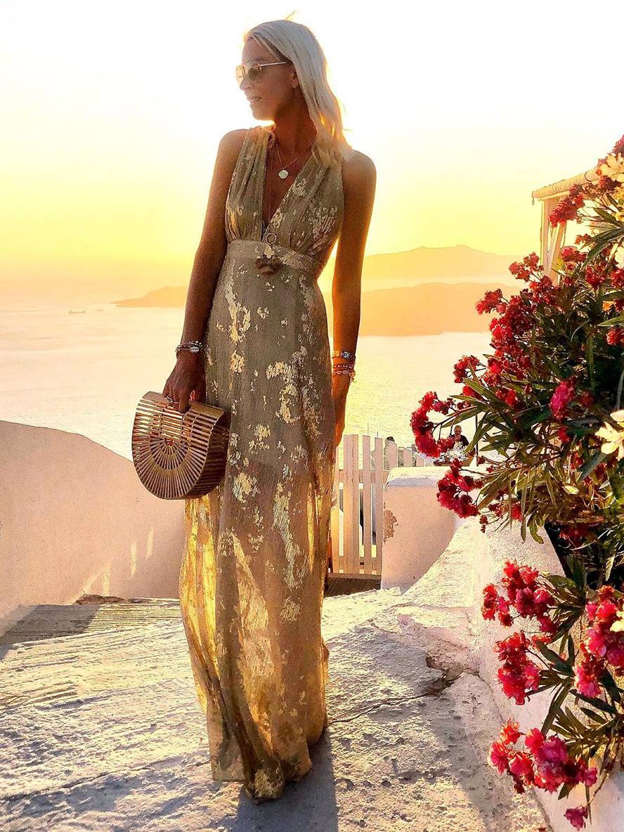 Aegean | Metallic Foil Plunge Maxi Summer Dress
