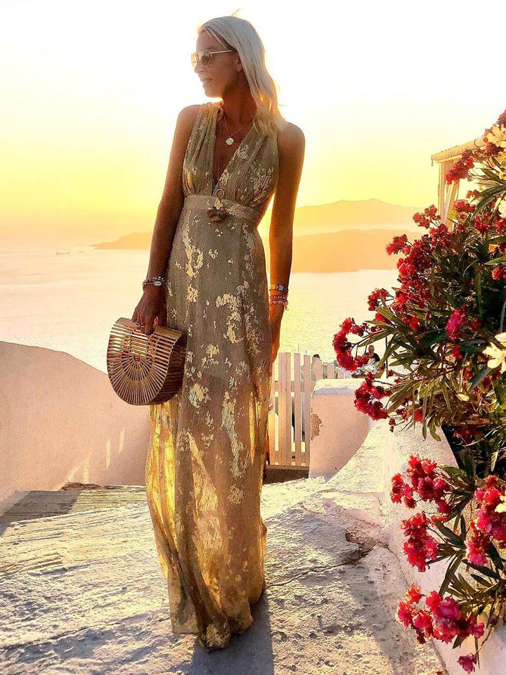 Aegean | Metallic Foil Plunge Maxi Summer Dress