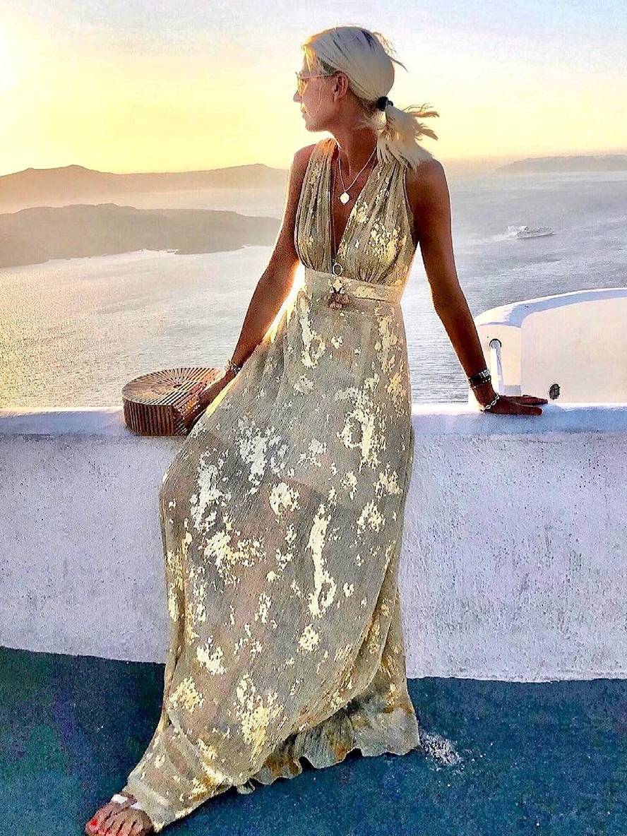 Aegean | Metallic Foil Plunge Maxi Summer Dress