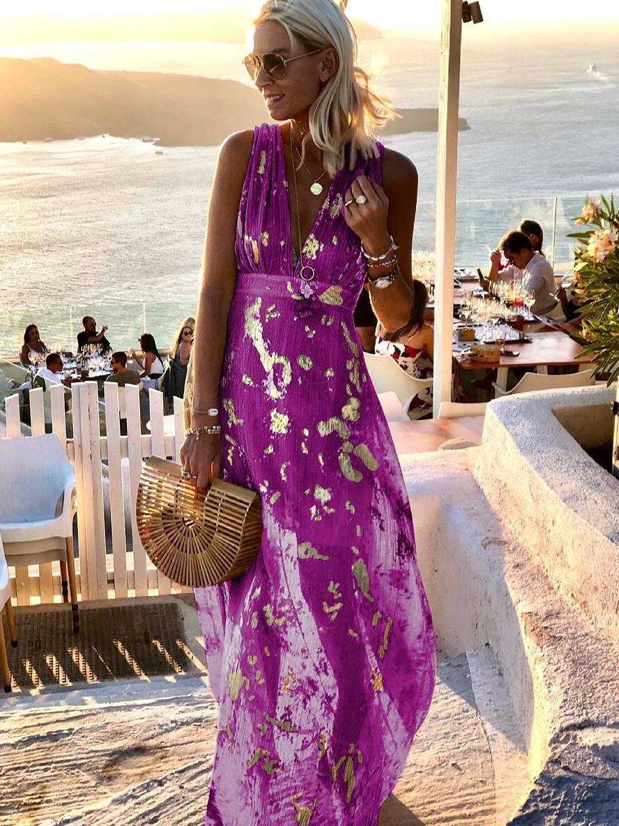 Aegean | Metallic Foil Plunge Maxi Summer Dress