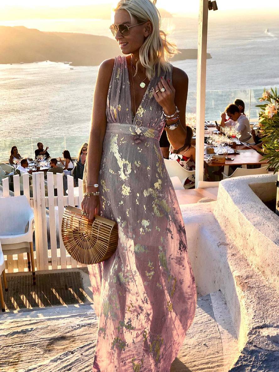 Aegean | Metallic Foil Plunge Maxi Summer Dress