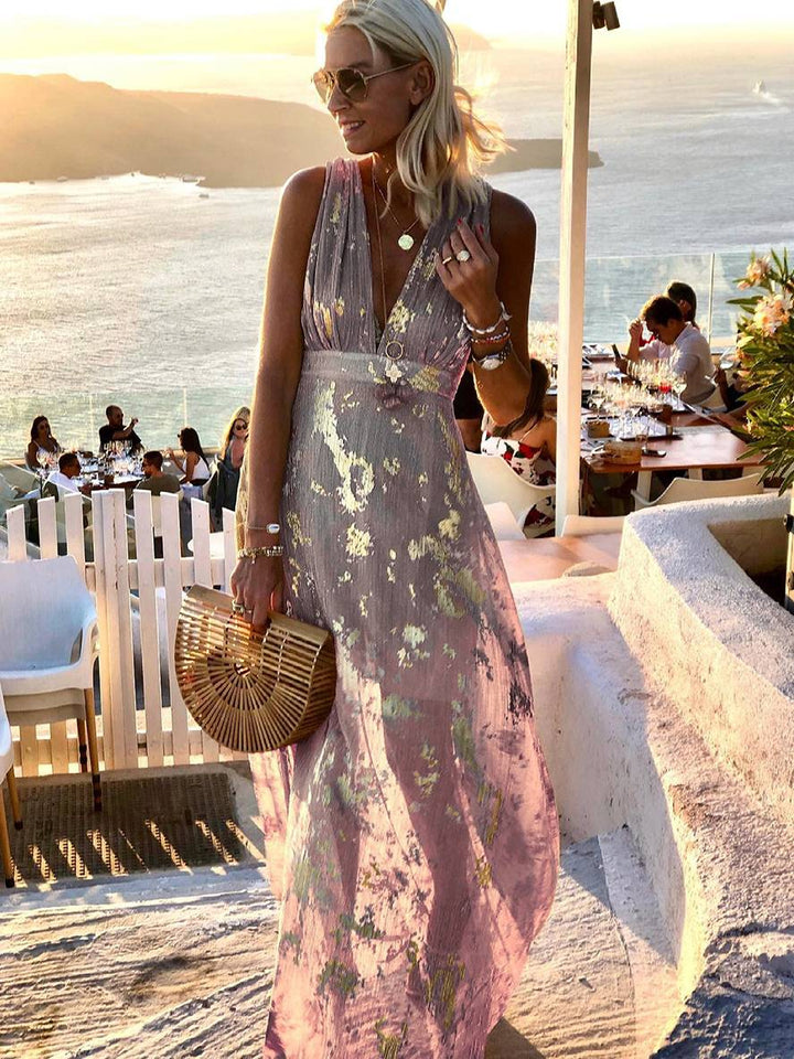 Aegean | Metallic Foil Plunge Maxi Summer Dress