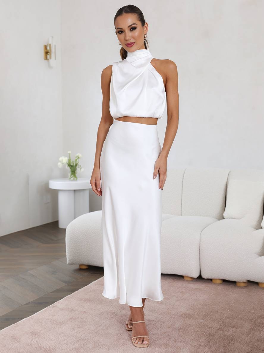 Scarlett | Halter Crop Two-Piece Satin Summer Dress