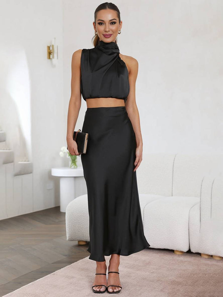 Scarlett | Halter Crop Two-Piece Satin Summer Dress