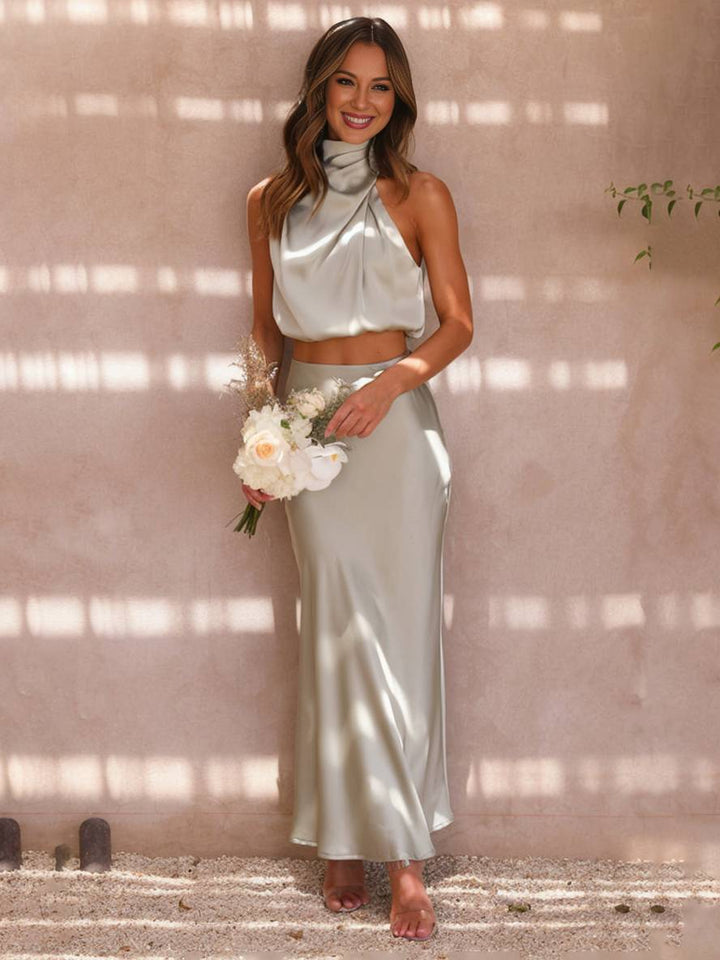 Scarlett | Halter Crop Two-Piece Satin Summer Dress