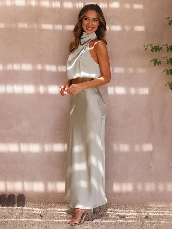 Scarlett | Halter Crop Two-Piece Satin Summer Dress