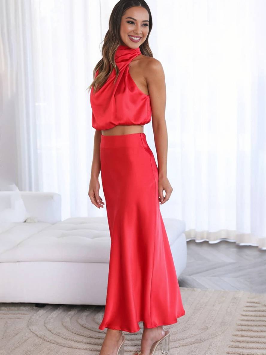 Scarlett | Halter Crop Two-Piece Satin Summer Dress