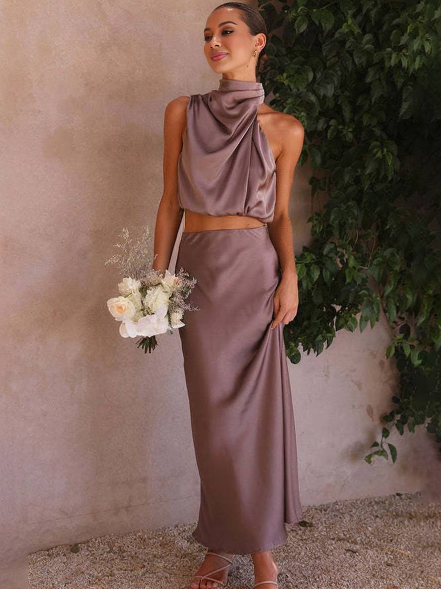 Scarlett | Halter Crop Two-Piece Satin Summer Dress