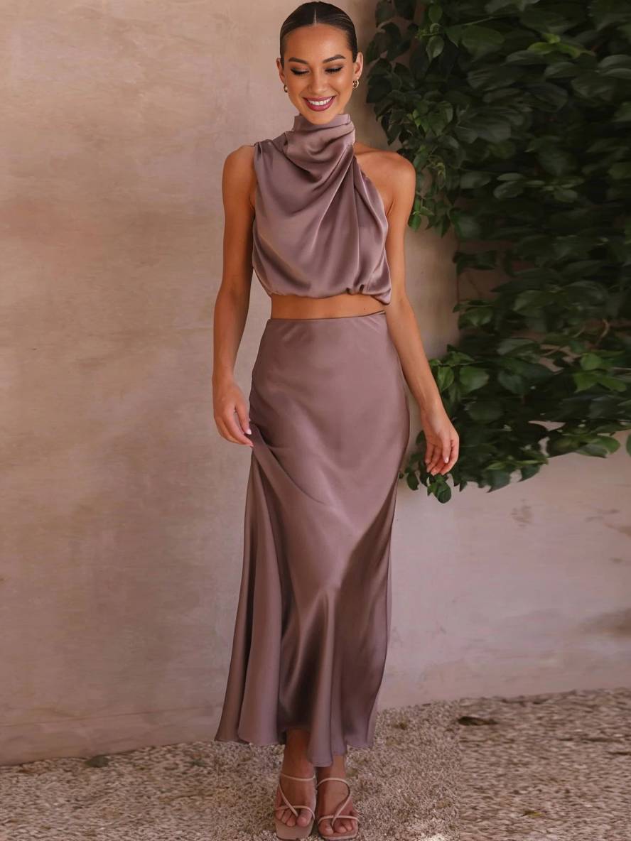 Scarlett | Halter Crop Two-Piece Satin Summer Dress