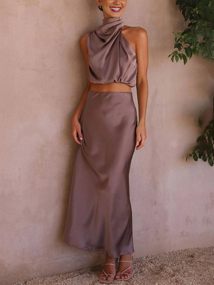 Scarlett | Halter Crop Two-Piece Satin Summer Dress