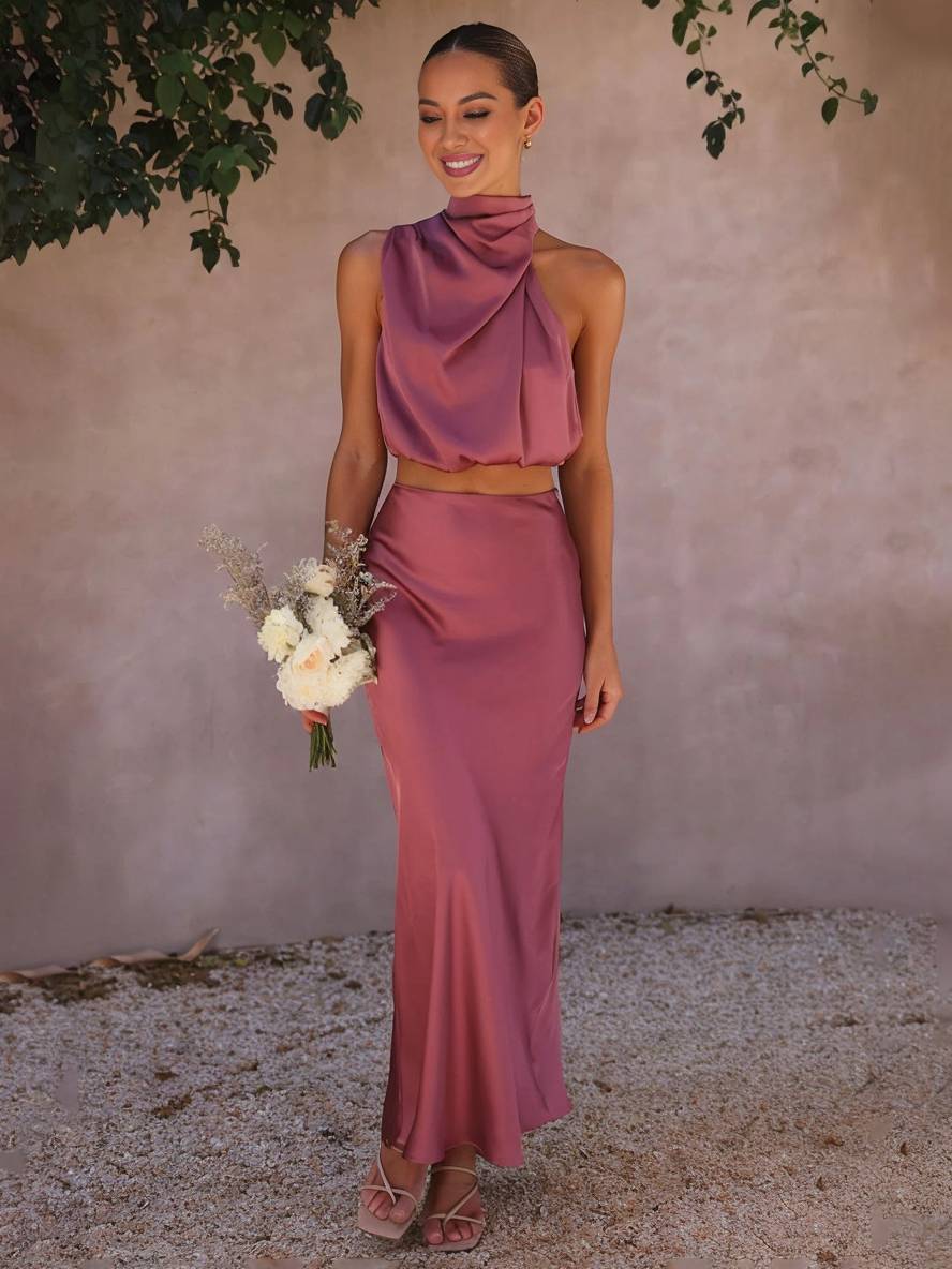Scarlett | Halter Crop Two-Piece Satin Summer Dress