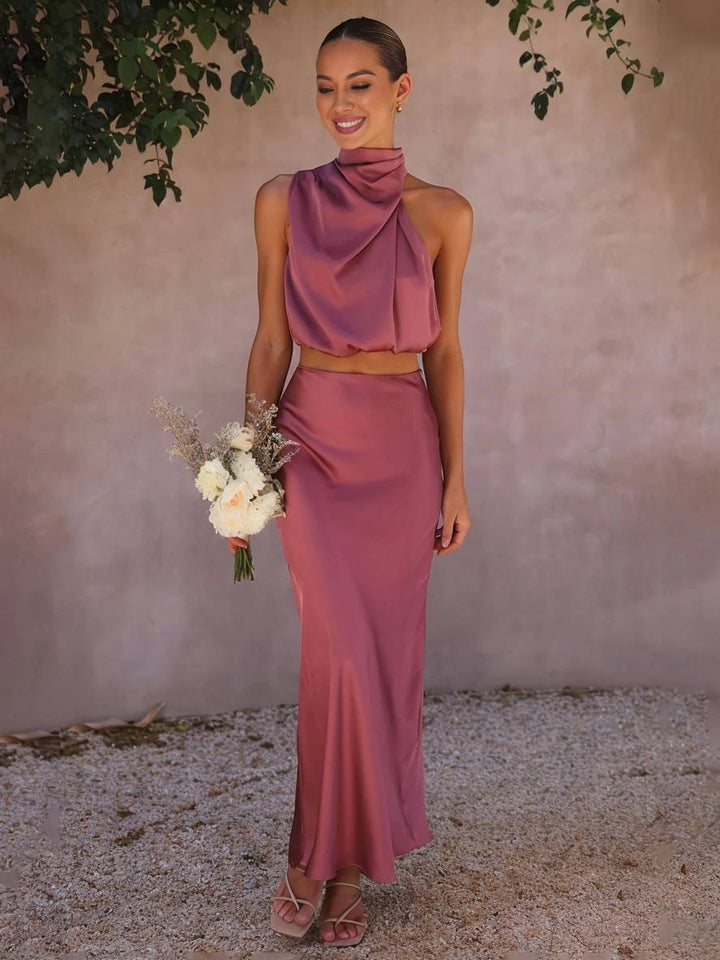 Scarlett | Halter Crop Two-Piece Satin Summer Dress