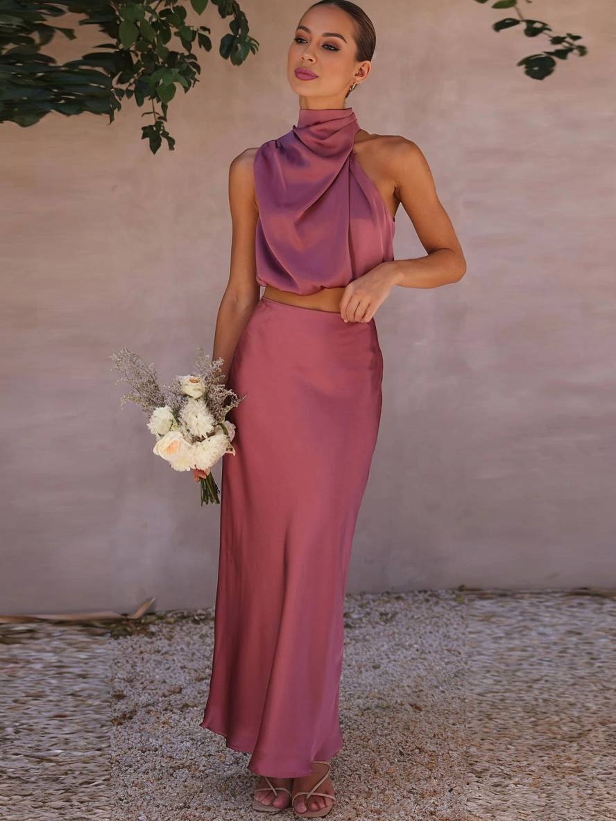 Scarlett | Halter Crop Two-Piece Satin Summer Dress