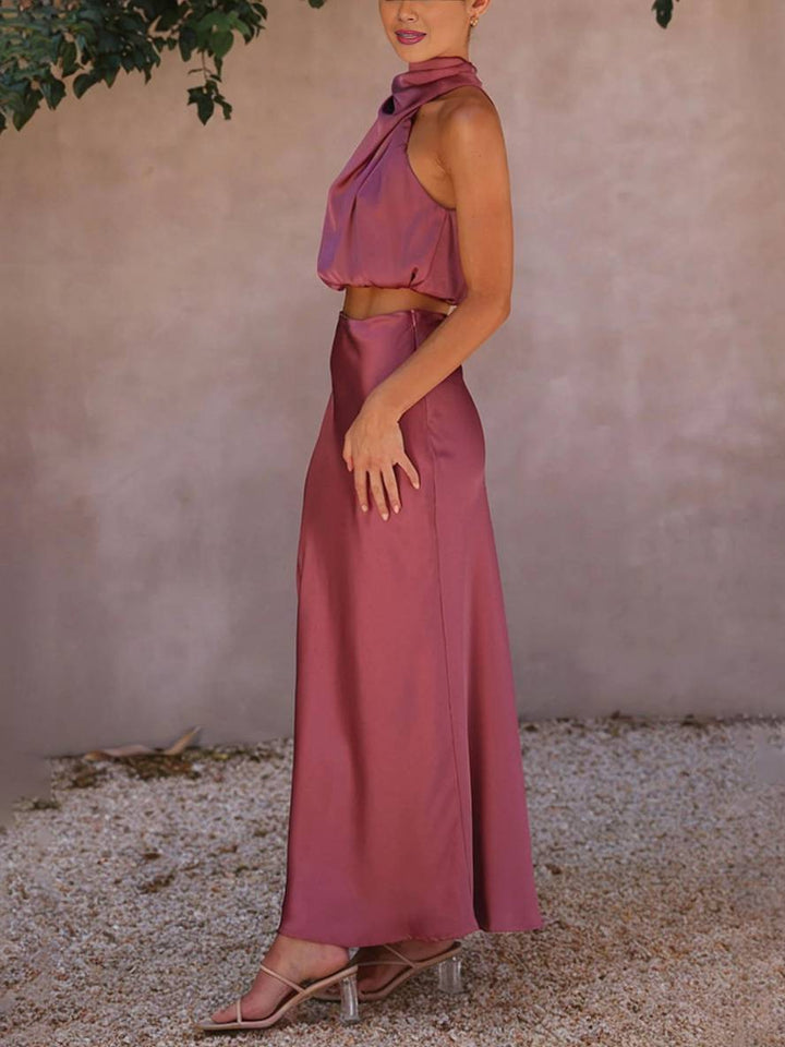 Scarlett | Halter Crop Two-Piece Satin Summer Dress