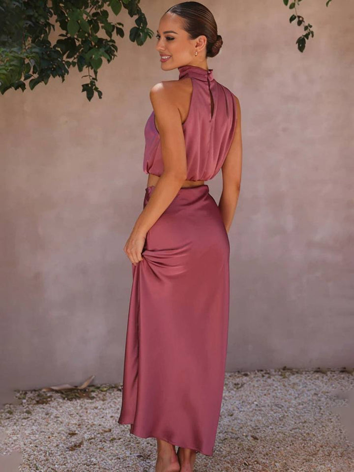 Scarlett | Halter Crop Two-Piece Satin Summer Dress