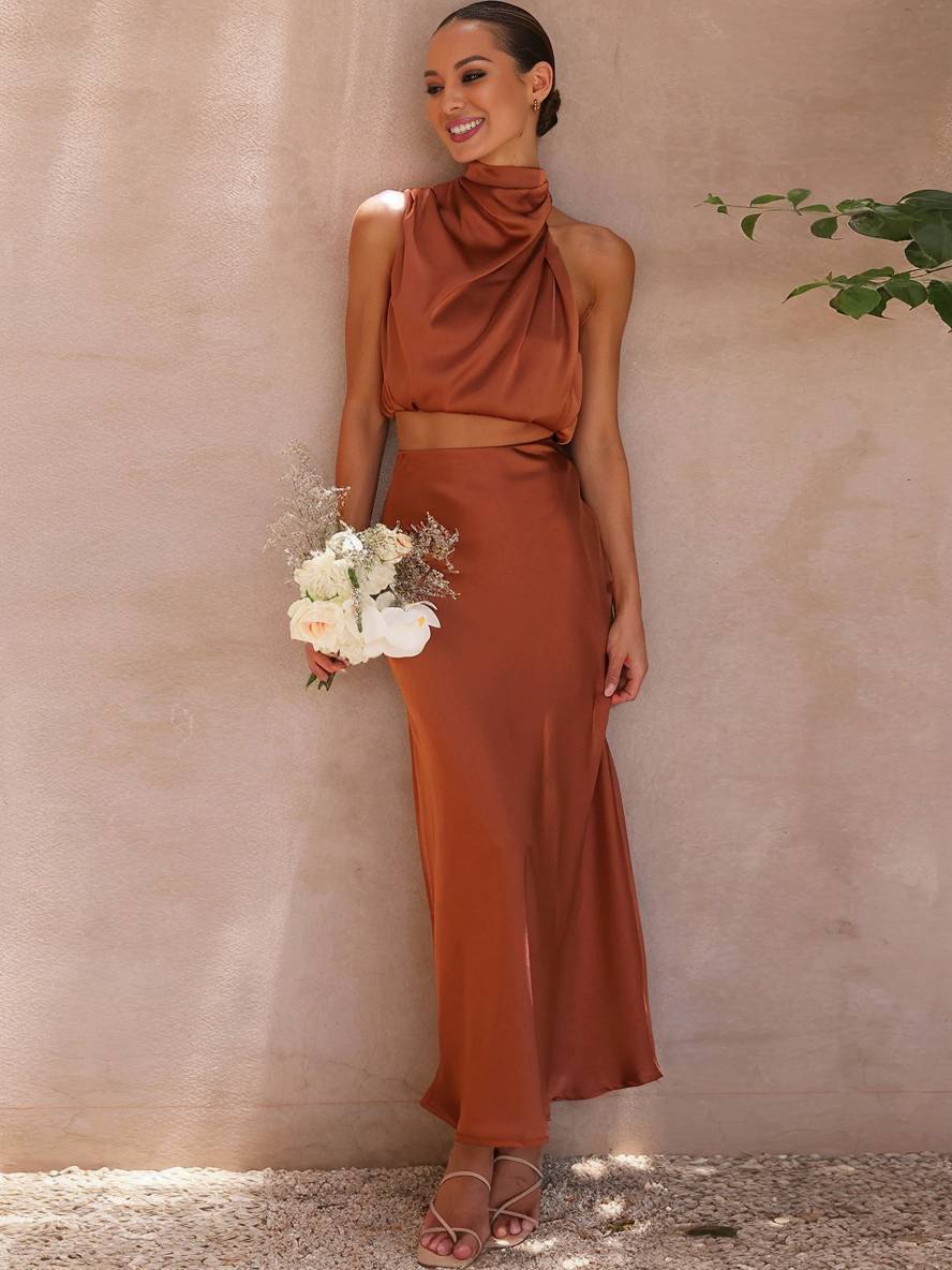 Scarlett | Halter Crop Two-Piece Satin Summer Dress
