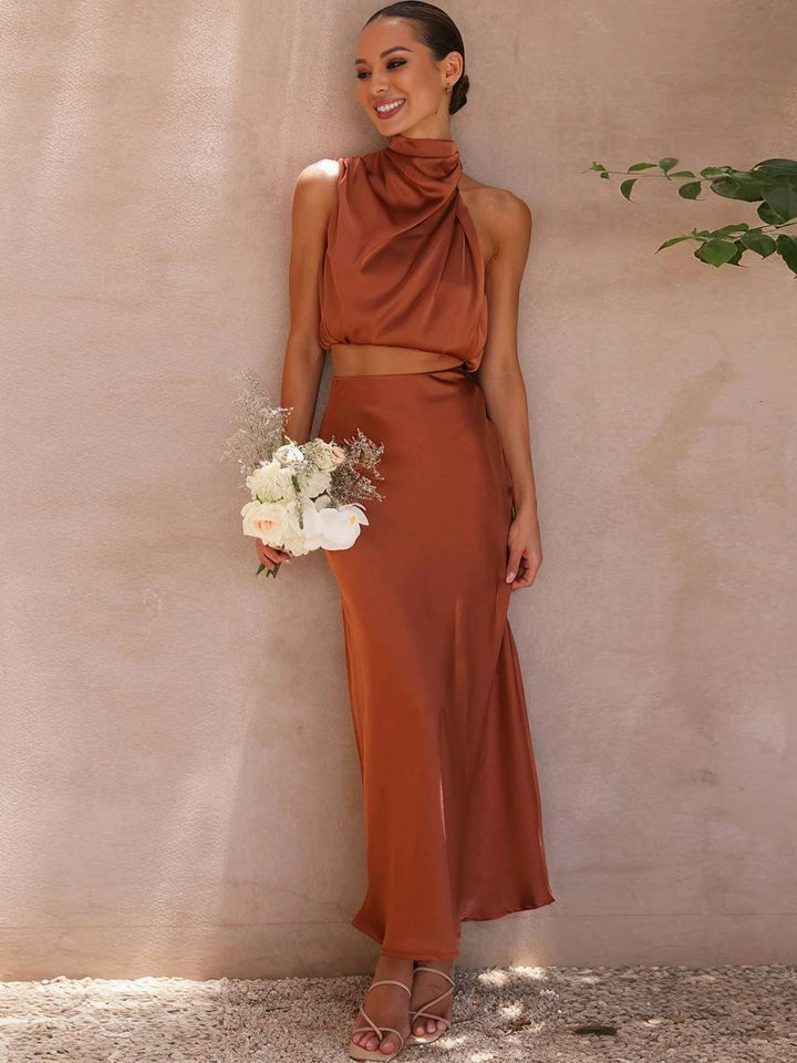 Scarlett | Halter Crop Two-Piece Satin Summer Dress