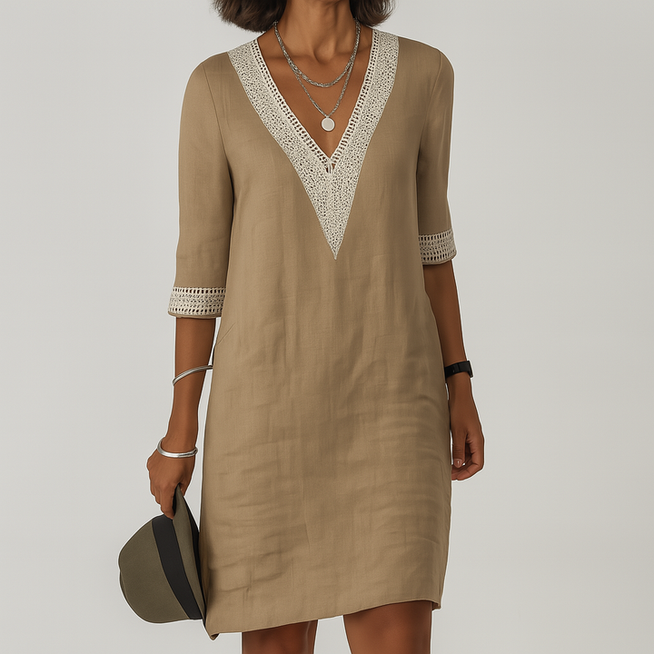 Talitha | Crochet Trim V-Neck Linen Summer Dress