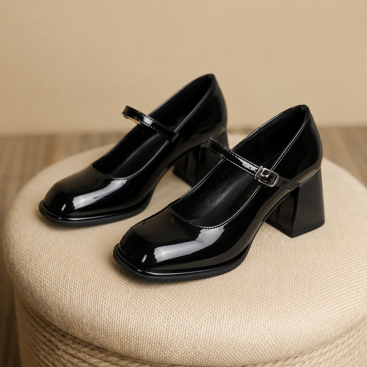 Noelle | Patent Square Toe Block Heel Mary Jane Flats