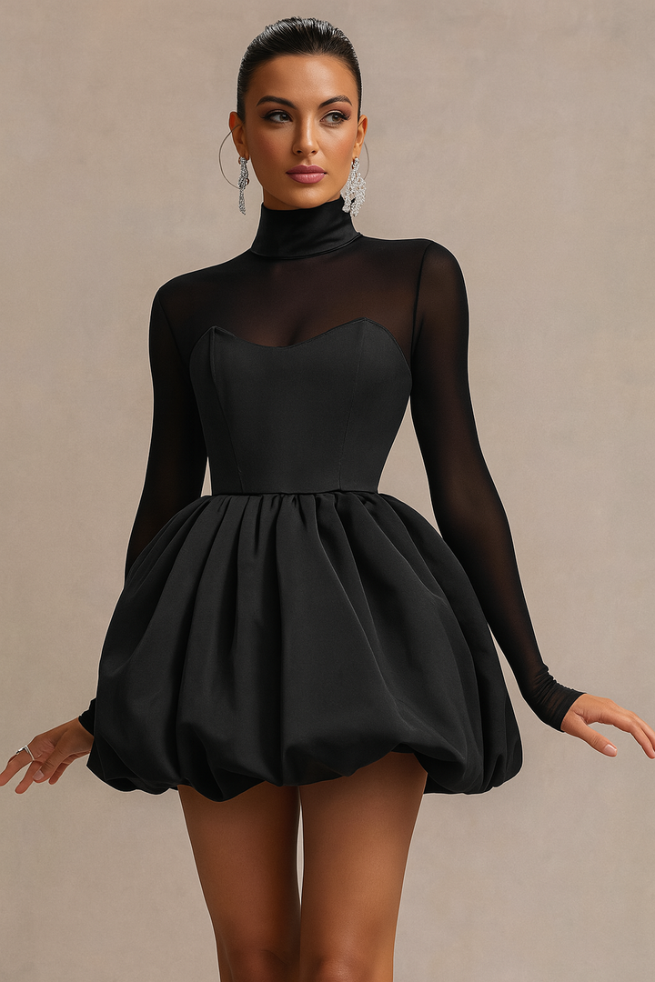 Noir | High Neck Mesh Sleeve Sweetheart Bubble Skirt Homecoming Mini Dress