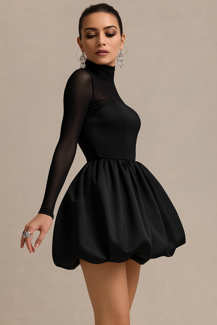 Noir | High Neck Mesh Sleeve Sweetheart Bubble Skirt Homecoming Mini Dress