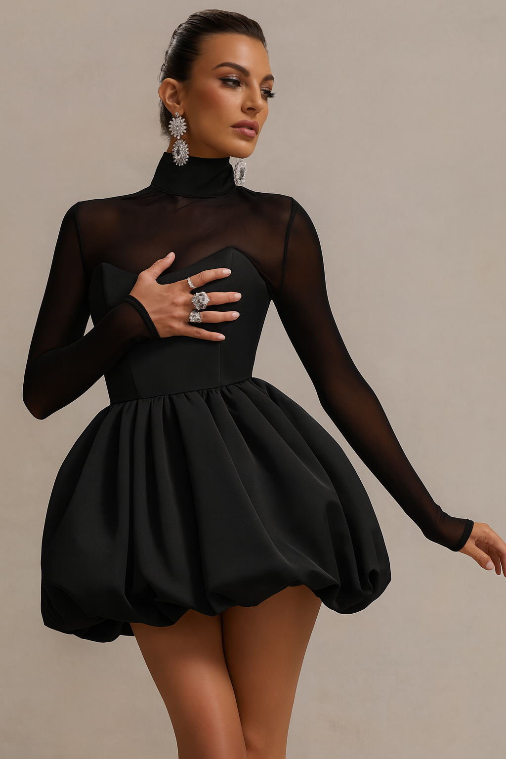 Noir | High Neck Mesh Sleeve Sweetheart Bubble Skirt Homecoming Mini Dress