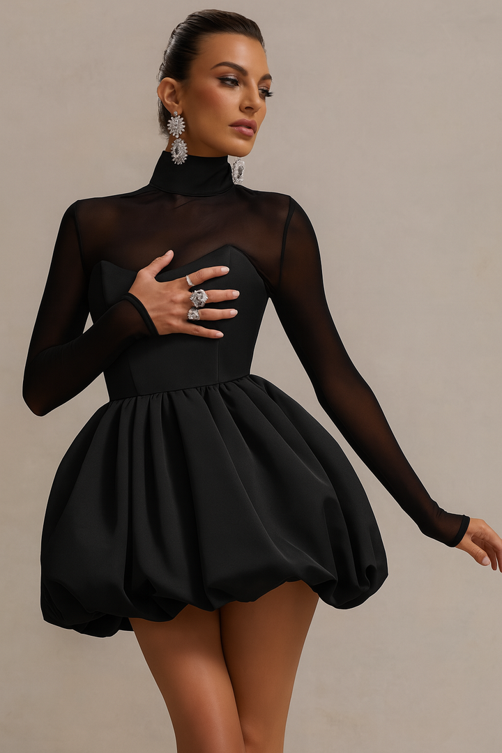 Noir | High Neck Mesh Sleeve Sweetheart Bubble Skirt Homecoming Mini Dress