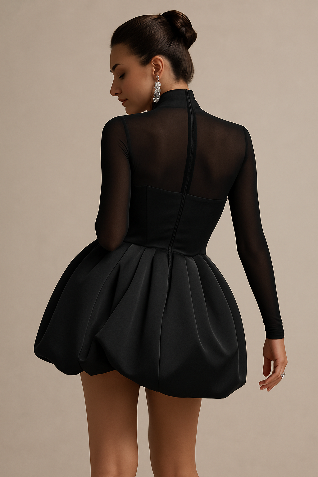 Noir | High Neck Mesh Sleeve Sweetheart Bubble Skirt Homecoming Mini Dress
