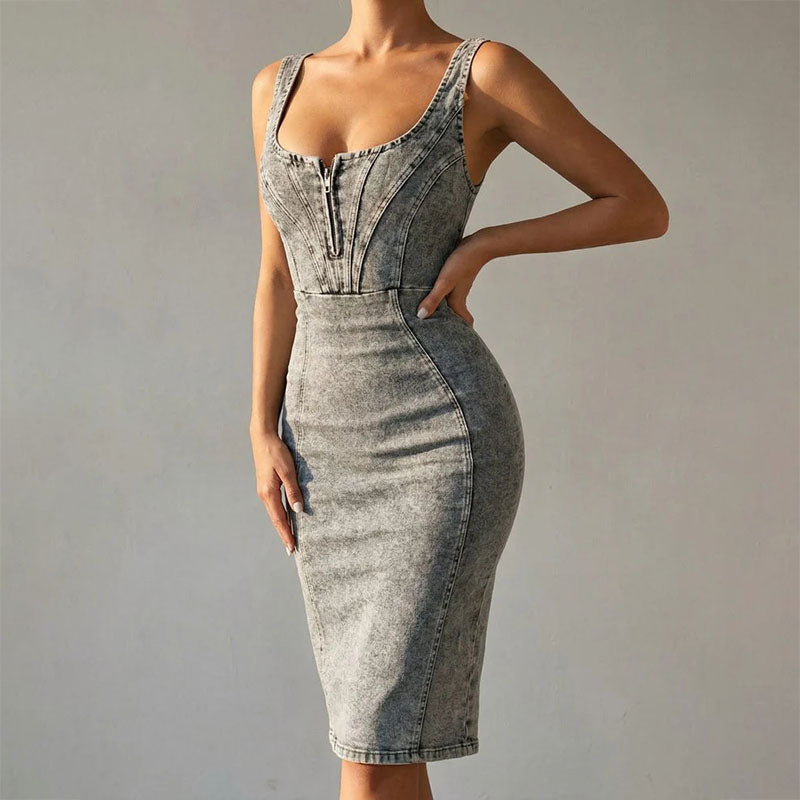Chloe | Women's Denim Zip-Front Bodycon Midi Dress