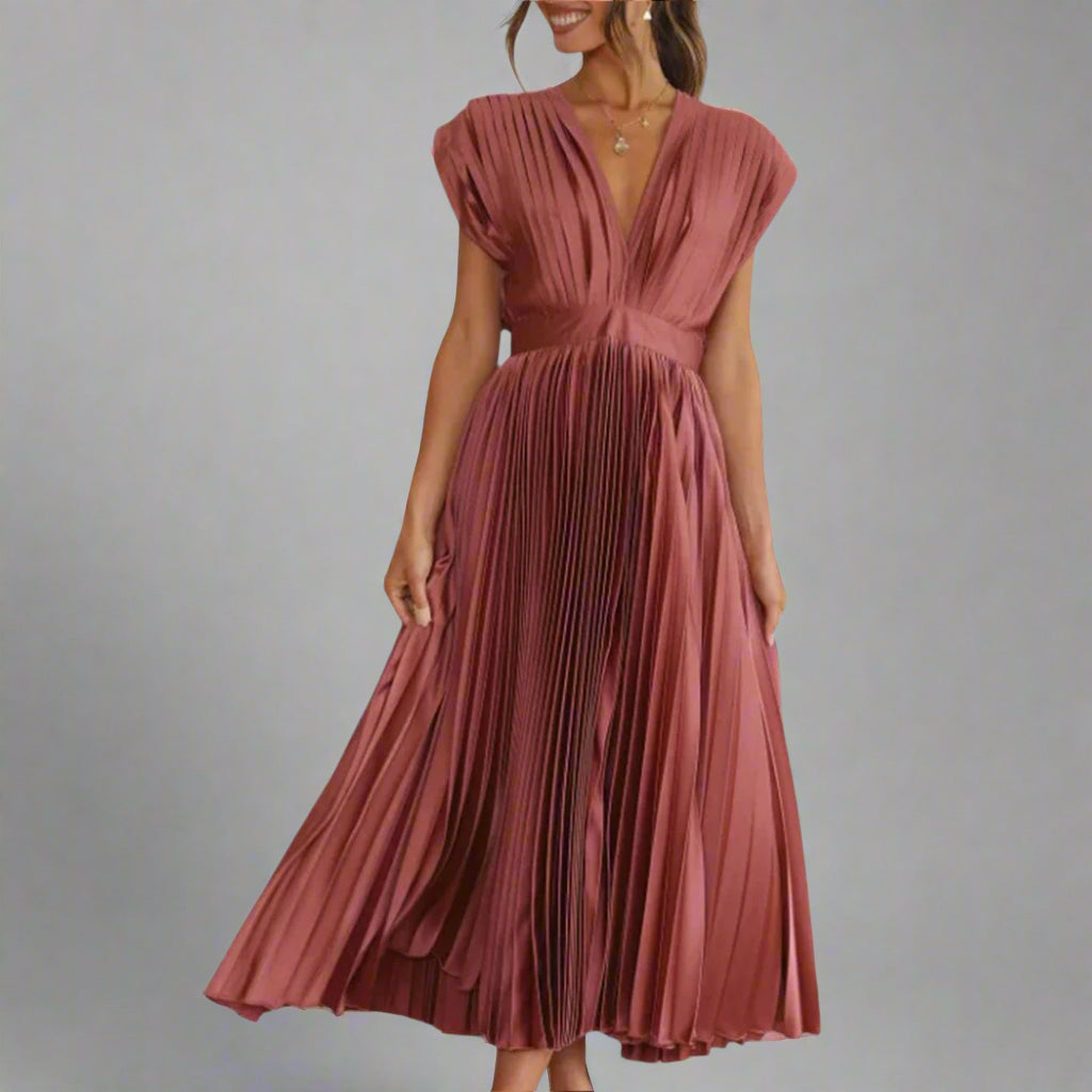 Serafina | Deep V-Neck Womens Pleated Midi Dress with Cap Sleeves