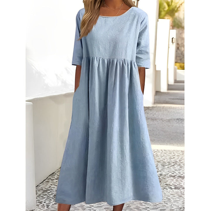 Caldera | Gathered Empire Linen Midi Summer Dress